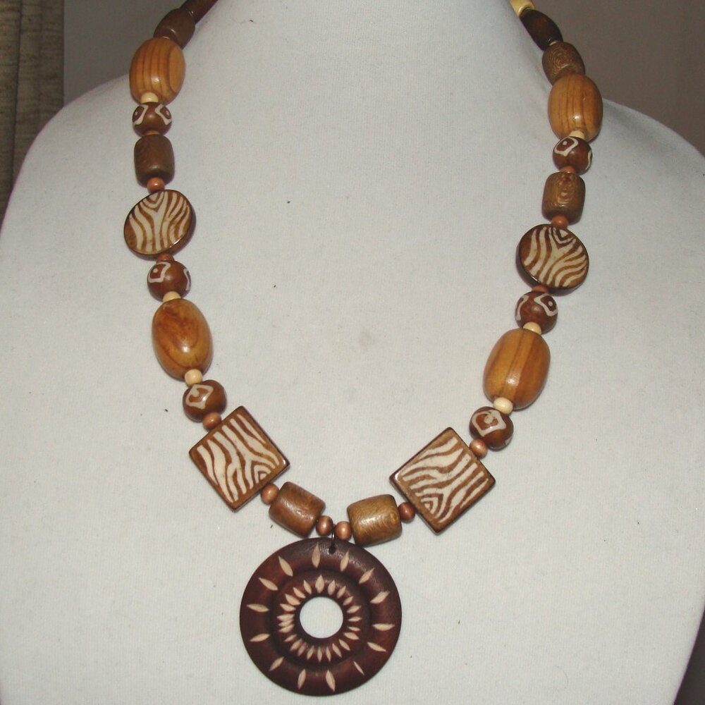 Custom Jewelry, Round Carved Wooden Pendant with Various Wooden Bead Accents